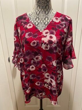 CK Red Floral V-Neck Women’s Blouse with Flutter Sleeves